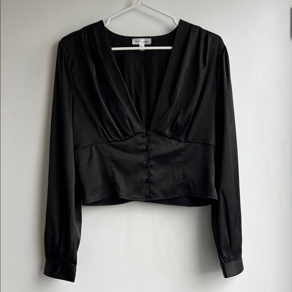 Black Drape V Neck Satin Blouse